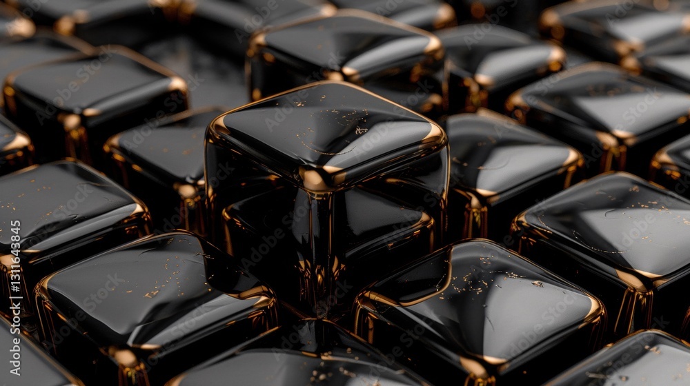 Poster shiny black cubes with golden edges are arranged in a visually striking pattern. the surface reflect