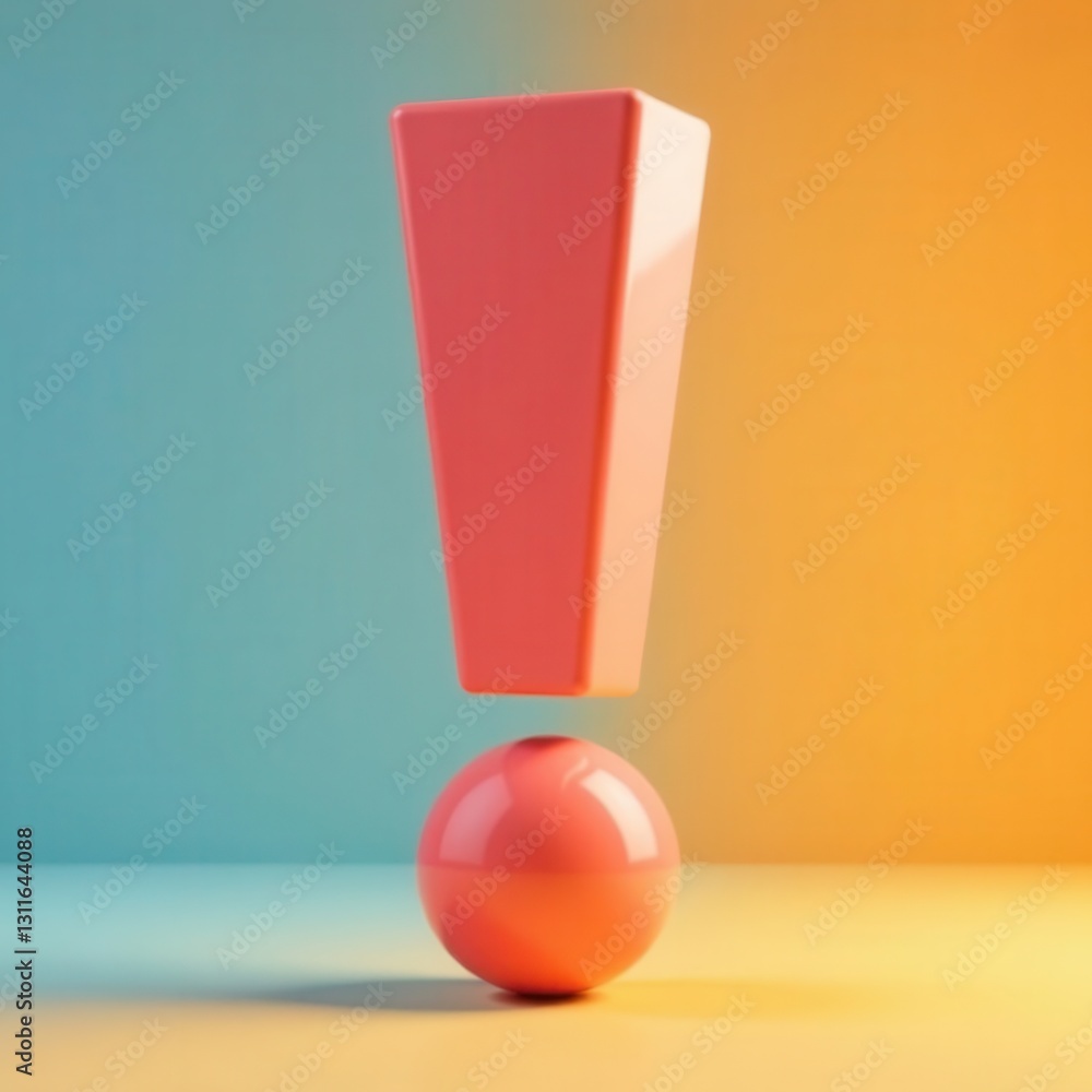 Poster a bold 3d exclamation mark stands atop a smooth sphere both rendered in soft pastel colors. this art