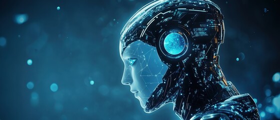 Futuristic Robot Head with Glowing Blue Eye and Digital Elements