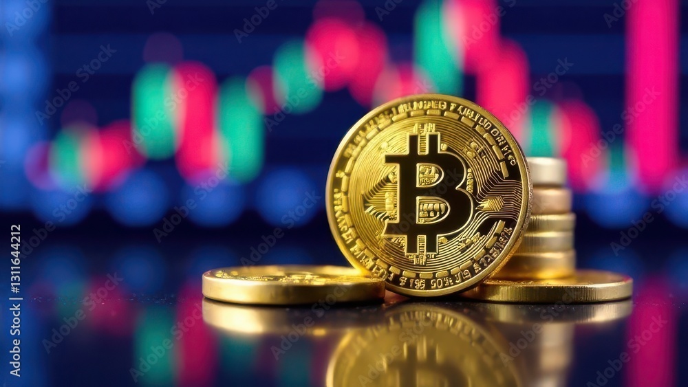 Poster several gold bitcoin coins are arranged in front of vibrant digital charts showing market fluctuatio