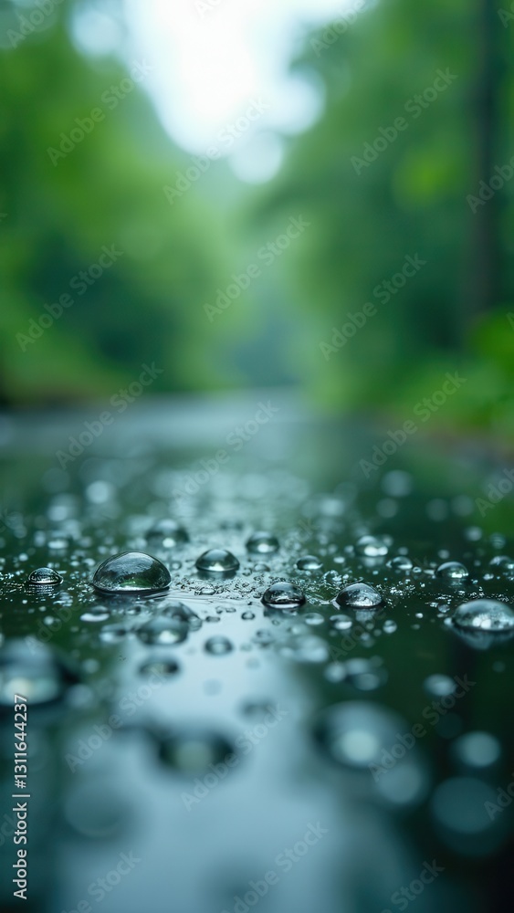 Poster drops of water collect on a dark surface capturing the green hues of the surrounding forest. the sce