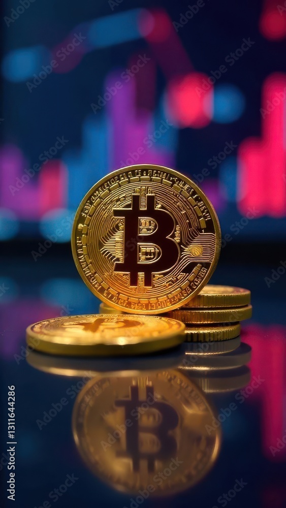 Poster several golden bitcoin coins rest on a smooth surface reflecting light while colorful trading charts