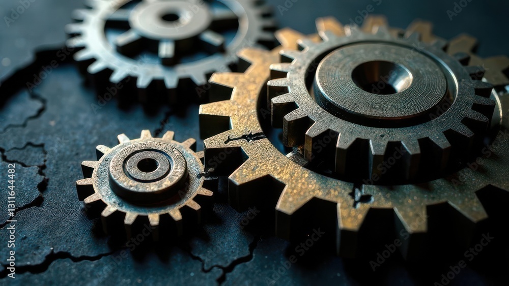 Poster three metallic gears of different sizes are arranged on a cracked dark surface. their detailed teeth
