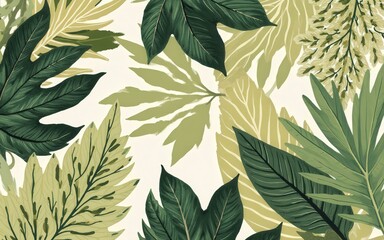 Tropical Leaf Pattern in Green and Yellow with Subtle Cream Background