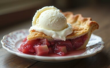 Homemade Cherry Pie Slice with Vanilla Ice Cream on Ornate Plate