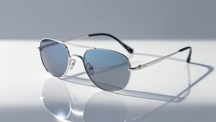 Sunglasses silver aviator with blue tinted lenses on white background
