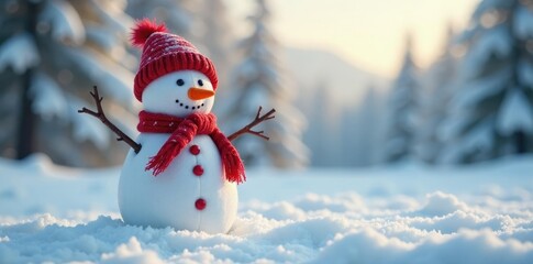 Fototapeta premium Handmade sock snowman in a snowy landscape with trees, natural scenery, snowy vistas, frosty scenery