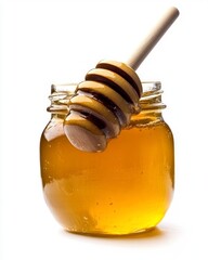 Honey Jar with Dipper Full of Golden Liquid Against White Background