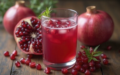 Pomegranate Juice with Mint, Pomegranates, and Seeds