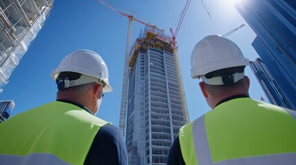 Two construction workers observe a skyscraper under construction, highlighting teamwork and modern architecture against a clear blue sky.