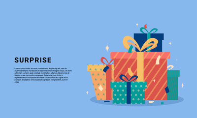 Obraz premium Surprise gift box with confetti on blue background. Vector illustration