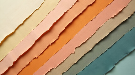 Diagonal Layered Textured Torn Paper Strips Pastel Earthy Colors Beige Orange Pink Brown Gray Blue Rough Edges Scrapbook Crafting