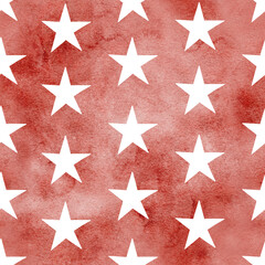 Obraz premium Seamless watercolor Pattern with white Stars on a red textured background. Illustration of Background for designs in vintage Circus style, or wrapping paper. Retro Backdrop for Carnival.