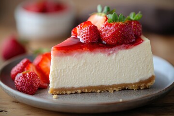 Strawberry cheesecake slice on a white plate