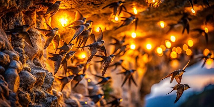 Swiftlet Bird Nests on Cave Wall, Night River Cruise, Bokeh Lights