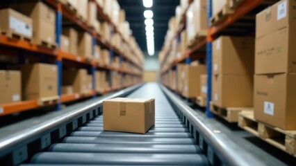 A single cardboard box rests on a conveyor belt in a large warehouse lined with shelves packed with multiple boxes. The environment is organized and bustling with activity.