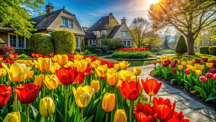 Vibrant Yellow & Red Tulip Garden - Spring Bloom Architectural Photography
