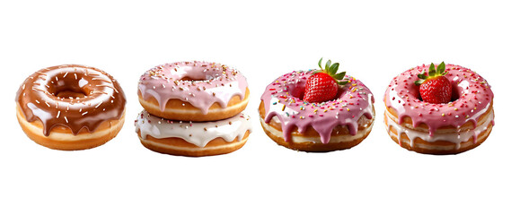Gourmet Doughnut Extravaganza A Vibrant Array of Glazed and Topped Donuts Arranged in a Row on a Transparent Background