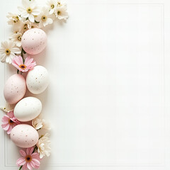 Minimalist Easter Background with Soft Pastel Eggs, Delicate Flowers, and White Space