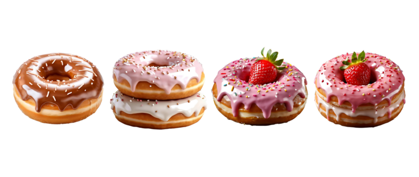 Gourmet Doughnut Extravaganza A Vibrant Array of Glazed and Topped Donuts Arranged in a Row on a Transparent Background