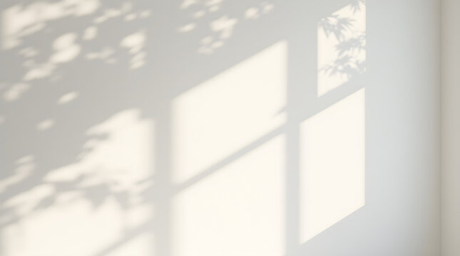 Fototapeta Sunlight Window Shadow Leaf Patterns on White Wall - Minimalist Natural Home Interior Light
