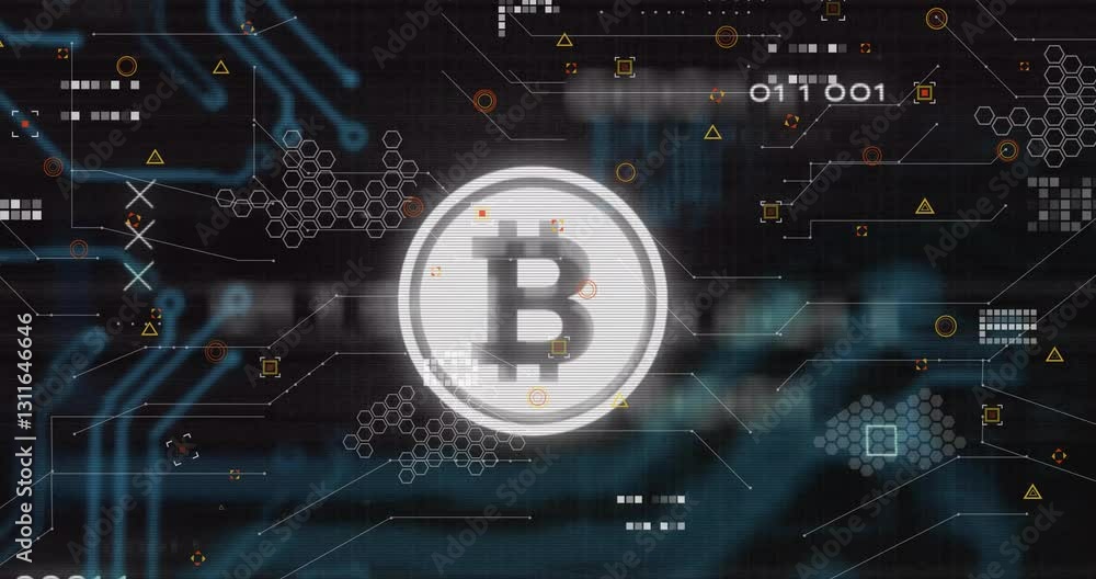 Poster bitcoin symbol with animation of digital network and binary code elements
