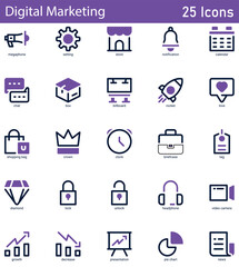 Digital Marketing includes outline vector icons illustrating online promotion, search optimization, content campaigns, and social media engagement. Editable stroke vector illustration.