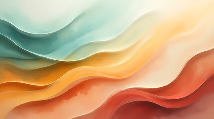 Obraz premium Abstract Watercolor Waves Background - Teal Orange Red Gradient Flowing Art Design - Soft Pastel Color Palette - Calm Serene Peaceful Visual Artwork Picture