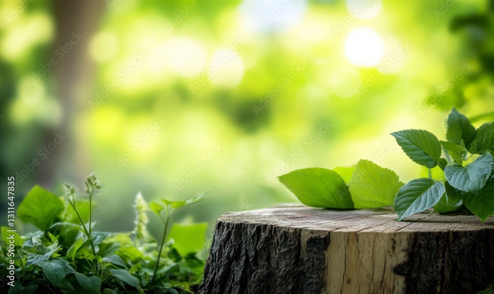 Poster tree stump with greenery in a bright summer forest setting