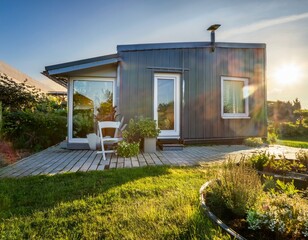 modern tiny house with a garden and a small backyard