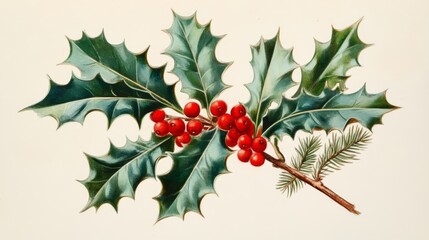 Obraz premium A festive mix of holly and pine, complemented by vivid red berries and fresh green leaves