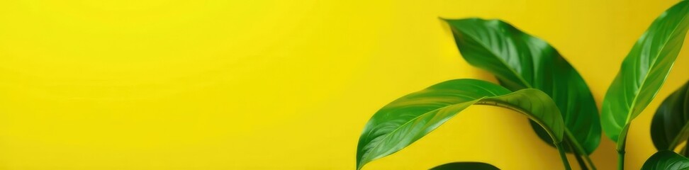 Long glossy green leaves of Heliconia Lobster Claw plant against a bright yellow background, Leafy, Colorful