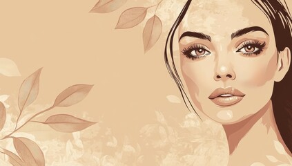 Beautiful woman with a perfect face and skin in a portrait on a beige background, a spa beauty treatment concept,