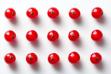 Fototapeta premium Bright red cranberries arranged neatly in a grid pattern on a clean white surface showcasing their shiny texture 
