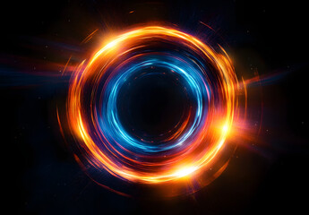 Fototapeta premium Abstract circular element with radiant orange and blue glows against a black background. Dynamic light beams emanate outwards, suggesting energy and motion.