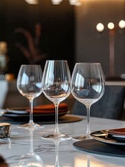 Three wine glasses are on a table with a white tablecloth. The glasses are clear and shiny, and they are placed on a black placemat. The table setting is elegant and sophisticated