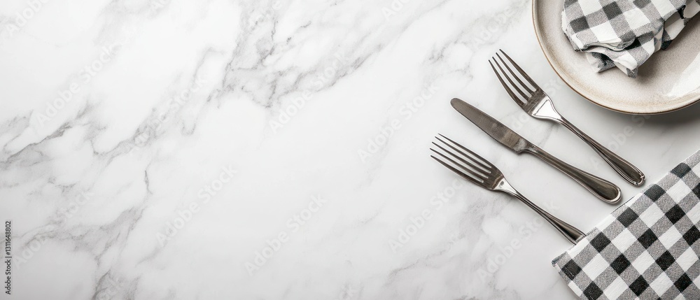 Poster dining setting with silverware and checkered napkin on marble surface
