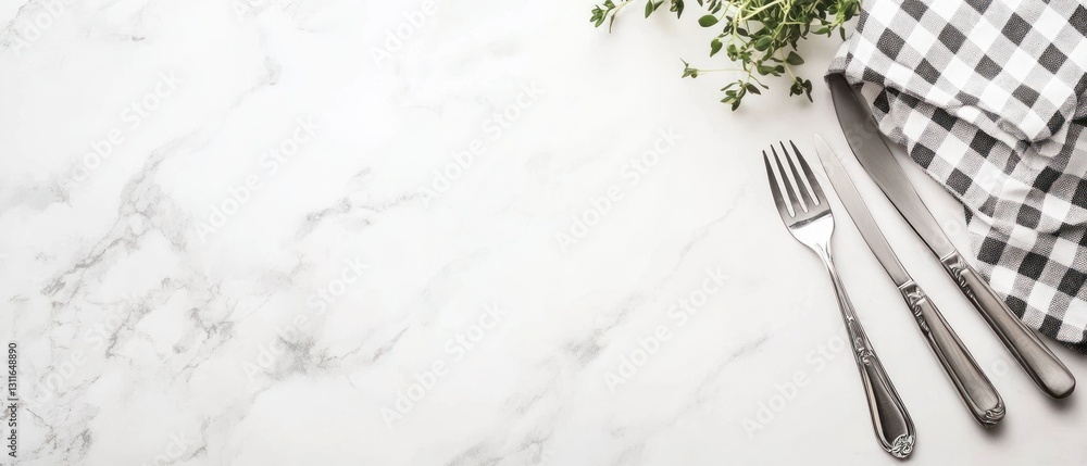 Poster Elegant Flat Lay Table Setting with Silverware and Checked Napkin