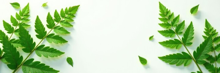 Lush green ferns scattered on a clean white surface, earthy, natural, white background