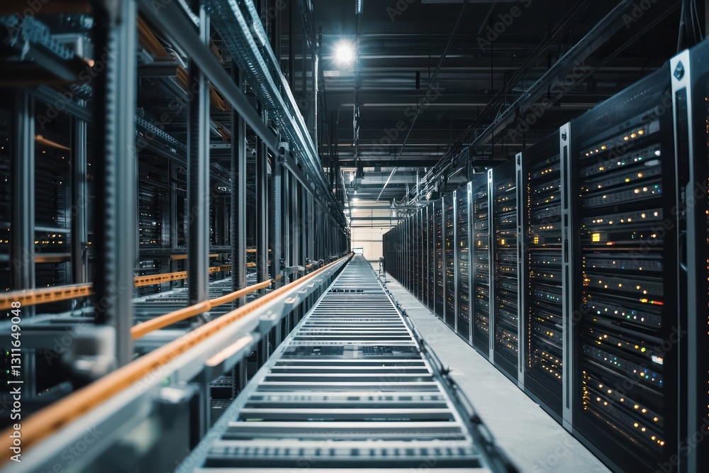 Poster digital operations in a modern data center visualized with organized server rows for seamless functi