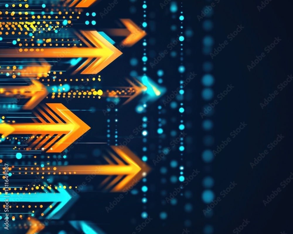 Poster an abstract design of glowing arrows diverging into multiple directions, symbolizing choices.