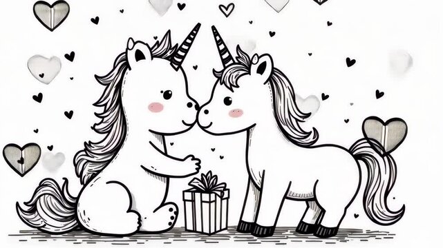 Whimsical unicorn and teddy bear with gifts.postcard, wallpaper for Valentine's Day or another holiday. black and white outline postcard. coloring.
