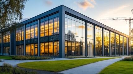 The sunset reflects off a skyscraper under construction, highlighted by a tower crane