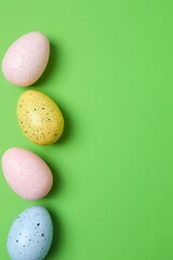 Happy Easter. Colorful eggs on color background, space for text or advertising