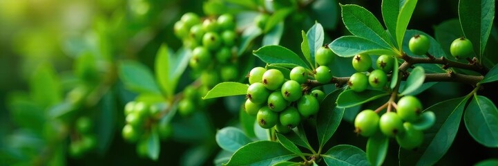 Privet bush covered in a thick layer of unripe green berries and lush leaves, lush, berries, privet