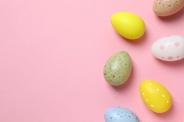 Happy Easter. Colorful eggs on color background, space for text or advertising