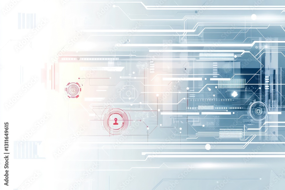 Poster themes of advanced technology and digital communication on a minimalist white abstract background.