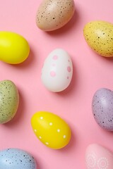 Happy Easter. Colorful eggs on color background, space for text or advertising
