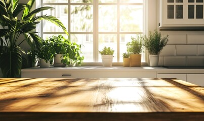Wooden Tabletop and Bright Kitchen Interior with Plants in Sunny Window