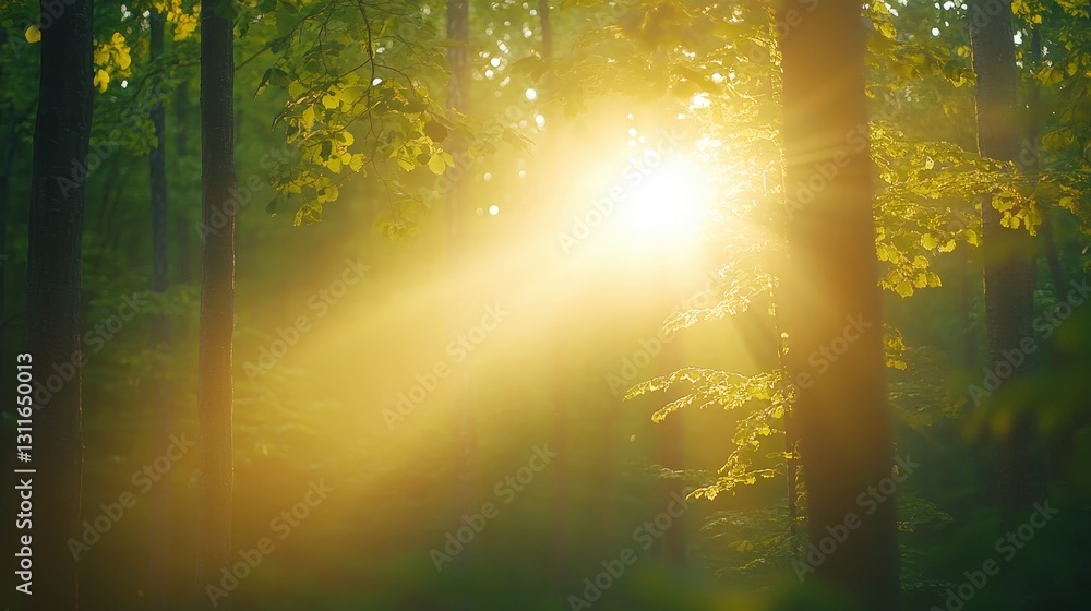 Poster a serene forest scene illuminated by soft sunlight filtering through green foliage, creating a tranq